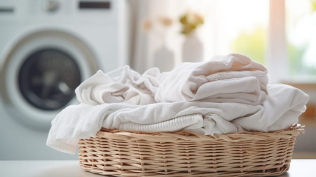 A laundry basket filled with white towels next to a washing machine.
