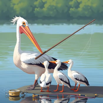A pelican stands on the shore of a calm lake, holding fishing gear. Nearby, three chicks curiously observe their parent, surrounded by lush greenery on a sunny summer day.