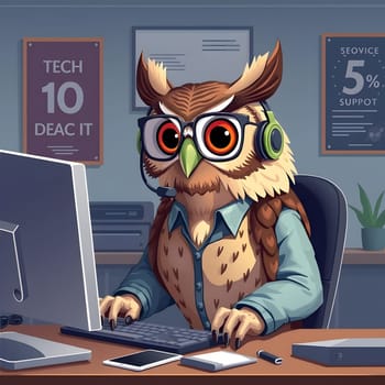 A whimsical owl, wearing glasses and a headset, sits at a computer desk diligently typing away in a contemporary office environment. Papers and plants add to the decor.