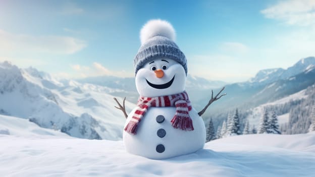 A snowman is standing in the middle of a snowy forest.