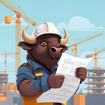 A bull in a hard hat inspects construction blueprints while standing amidst cranes and scaffolding, showcasing the vibrant energy of an active building project.