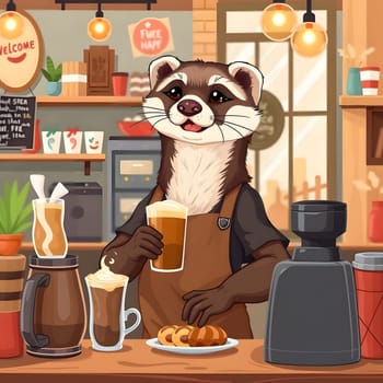 A delightful ferret in an apron smiles while serving a cold drink. The cafe is warmly lit with a welcoming atmosphere, showcasing various beverages and pastries.