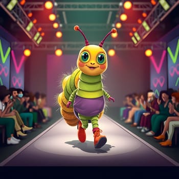 A whimsical caterpillar character struts confidently down the runway during a vibrant fashion show, surrounded by an engaged audience eagerly watching the creative display.