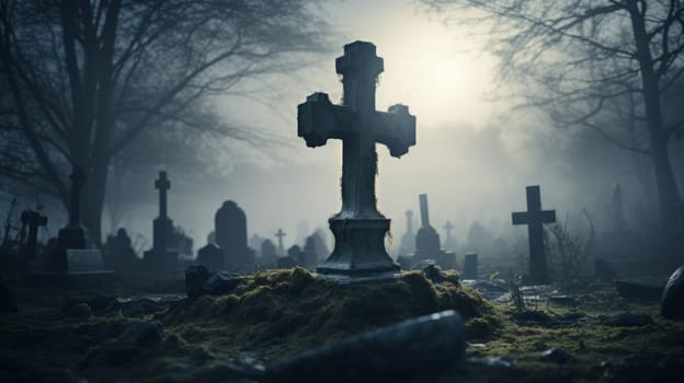 Cemetery Cross Amongst Peaceful Graves.