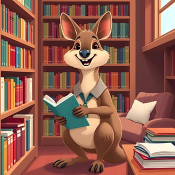 A kangaroo stands in a lively library, happily holding a book. The shelves around are packed with vibrant volumes, creating a warm and inviting atmosphere for reading.