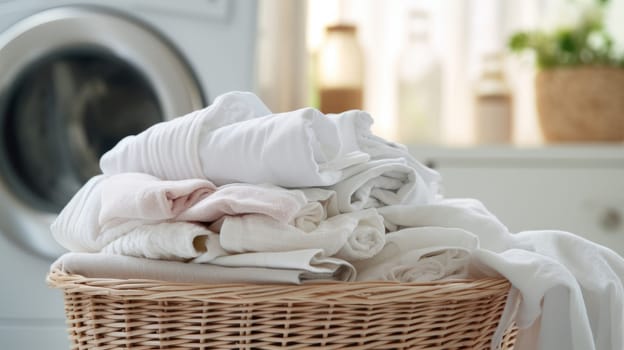 A laundry basket filled with white towels next to a washing machine.