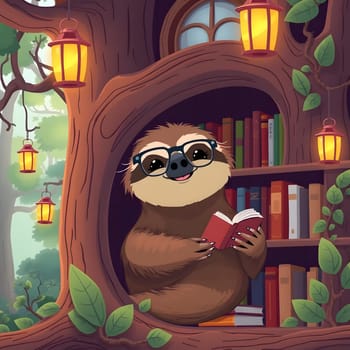 A cheerful sloth wearing glasses is sitting comfortably in a tree library, holding a book. Surrounded by shelves filled with books and glowing lanterns, the scene is serene and inviting.