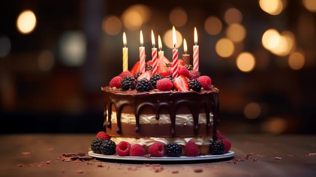 Chocolate Cake with Berry Topping and Festive Candles.