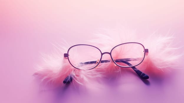 Black glasses laying on top of a pink feather.