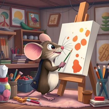 The mouse, dressed in a small vest, holds a paintbrush as it creates orange dots on a canvas. The warm, inviting studio is filled with art supplies, books, and vibrant decorations.