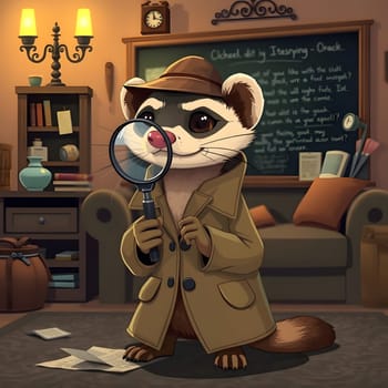 A clever ferret wears a detective coat and holds a magnifying glass while examining clues in a warmly lit living room. The scene features a chalkboard, furniture, and scattered papers.