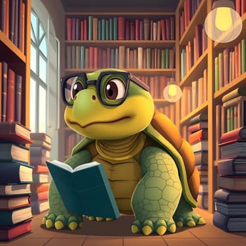 A cartoon turtle wearing glasses sits and reads a book in a warm library. Bookshelves lined with various colorful books create a soothing ambiance, illuminated by soft lighting.