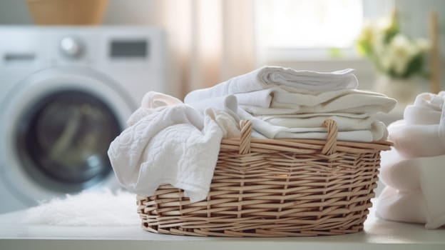 A laundry basket filled with white towels next to a washing machine.