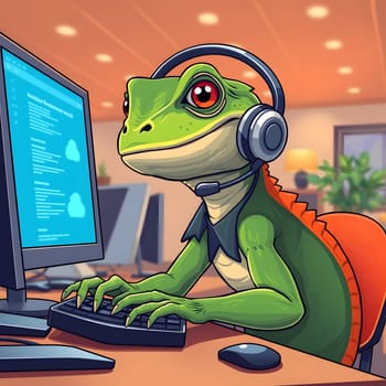 A cartoon frog, wearing a headset, types earnestly at a computer in a bright office. The surroundings are warm and inviting, filled with plants and soft lighting.