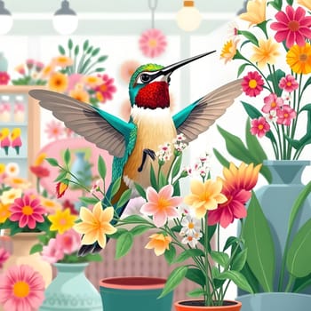 The bright hummingbird hovers gracefully above blooming flowers, surrounded by various plants in a cheerful garden. Its wings blur with movement as it seeks nectar.