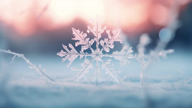 Close-Up of Glistening Snowflake Captured on a Bright, Sunny Winter Day.