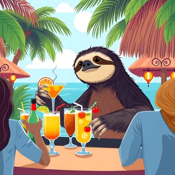 At a vibrant beach bar, a sloth skillfully serves refreshing cocktails to cheerful patrons. The tropical setting features palm trees and a clear blue ocean in the background.