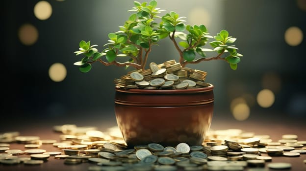 A small bonsai tree with gold coins sitting on top of a table.