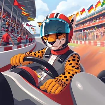 A cartoon leopard drives a go-kart on a lively racetrack filled with colorful flags and cheering spectators. The atmosphere is energetic and festive as the race takes place.