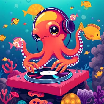 An animated octopus wearing headphones expertly mixes music on a turntable, set against a vibrant underwater backdrop filled with tropical fish and coral reefs, creating a lively atmosphere.