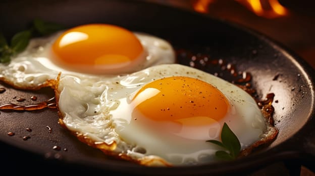 Two Perfectly Cooked Sunny-Side-Up Eggs Sizzling in a Hot Frying Pan.