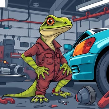 A cartoon lizard in a red jumpsuit stands confidently beside a blue car in a well-equipped garage, surrounded by tools and a lively work environment.