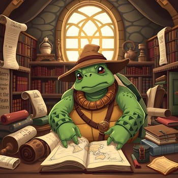 A turtle wearing a hat and a necklace examines an ancient map in a library filled with scrolls and books. The warm light filters through a stained glass window, creating a peaceful atmosphere.