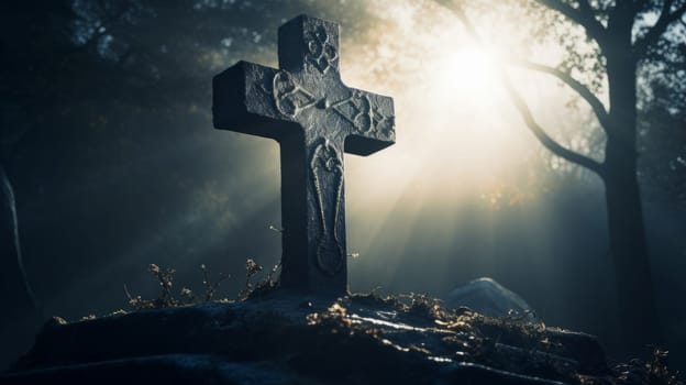 A Tranquil Cross Amidst the Serene Forest Canopy.