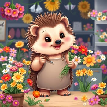 The adorable hedgehog stands in a colorful flower shop, holding fresh flowers while wearing an apron. Surrounding it are various blooms, creating a cheerful and lively atmosphere.
