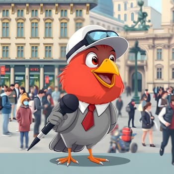 A lively cartoon bird, dressed as a reporter with a microphone, interacts with a bustling crowd in a vibrant urban square filled with people and buildings.
