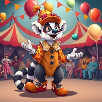 A playful lemur dressed as a clown juggles colorful balls under festive circus tents. The vibrant atmosphere features balloons and an audience enjoying the lively performance.