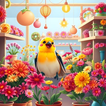 A cheerful yellow bird stands amidst a variety of flowers in a lively flower shop, surrounded by vibrant blooms and decorative items that enhance the joyful atmosphere.