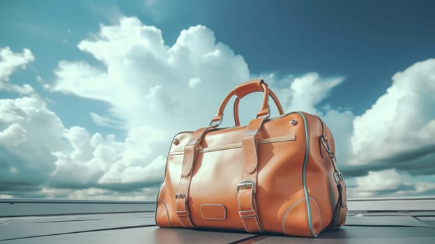 A brown travel bag sitting on top of a clouds.