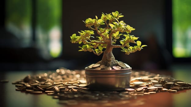 A small bonsai tree with gold coins sitting on top of a table.