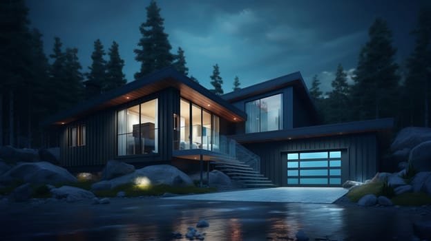 A Tranquil Nighttime Retreat With Illuminated House Overlooking Water.