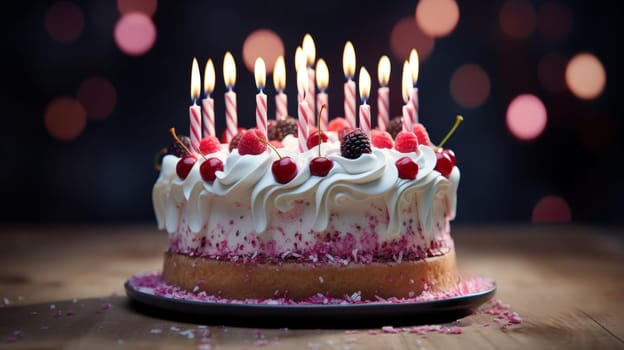 A Delicious Birthday Cake with Fluffy Frosting and an Array of Lit Candles.