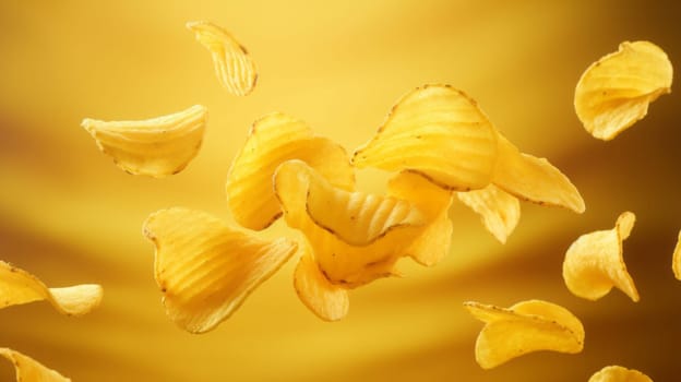 A pile of potato chips falling into the air.