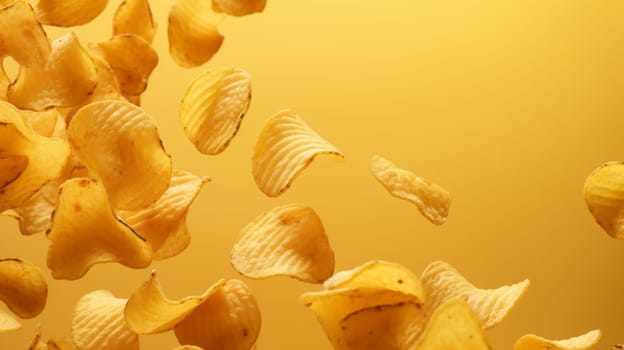 A pile of potato chips falling into the air.