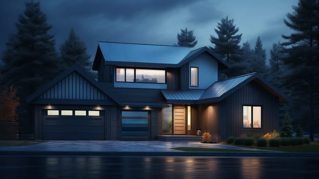 A house in the middle of a foggy forest.