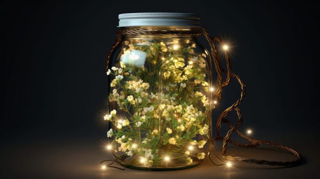 A Beautiful Mason Jar Filled With Colorful Flowers and Sparkling Fairy Lights.