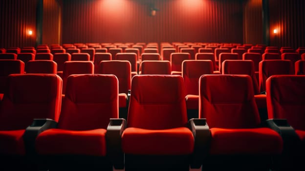 A Lineup of Crimson Seats Before a Cinema Display.