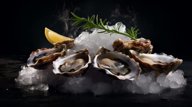 Group of Fresh Oysters on Ice with a Tangy, Zesty Lemon Garnish.