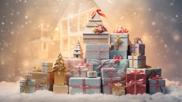 A Festive Stack of Gifts Amidst a Winter Wonderland.