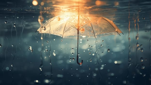 A Rainy Day Scene: Colorful Umbrella Drifting in Water Amidst Gentle Rain.