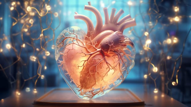 A lighted human heart on a table.