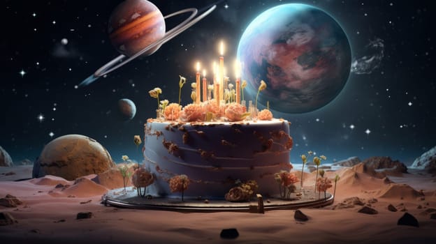 Celestial Celebration: A Birthday Cake Surrounded by Planets.