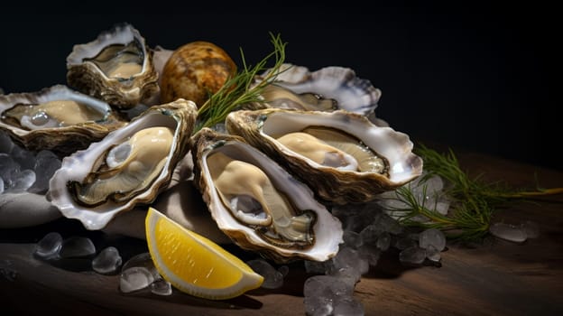 A pile of oysters on ice with lemon wedges.