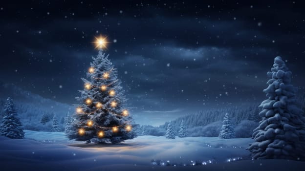 A lit christmas tree in a snowy landscape.