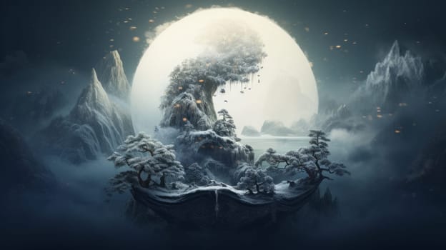 Snowy Mountain Under a Majestic Full Moon.