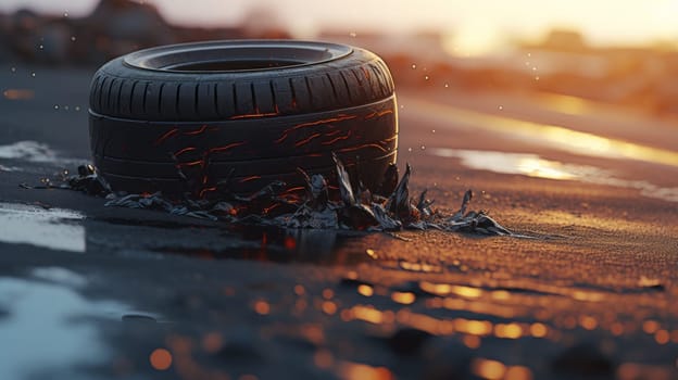 Car Tire Abandoned on Roadside.